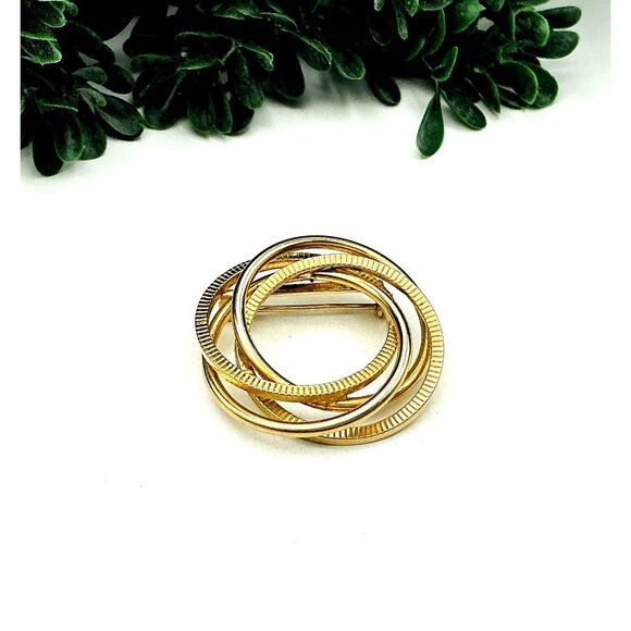 Vintage Gold Tone Interlocking Circle Brooch Pin - Picture 1 of 6